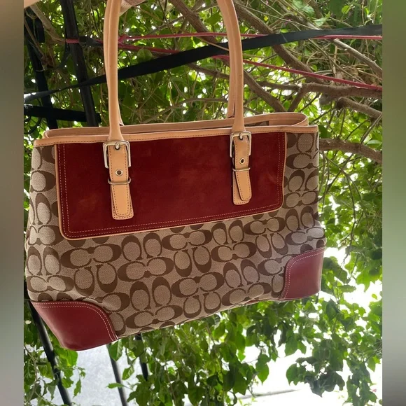 Coach, Y2K 2003 Hampton Leather, Suede, Canvas Satchel Bag, Red - Picture 4 of 17